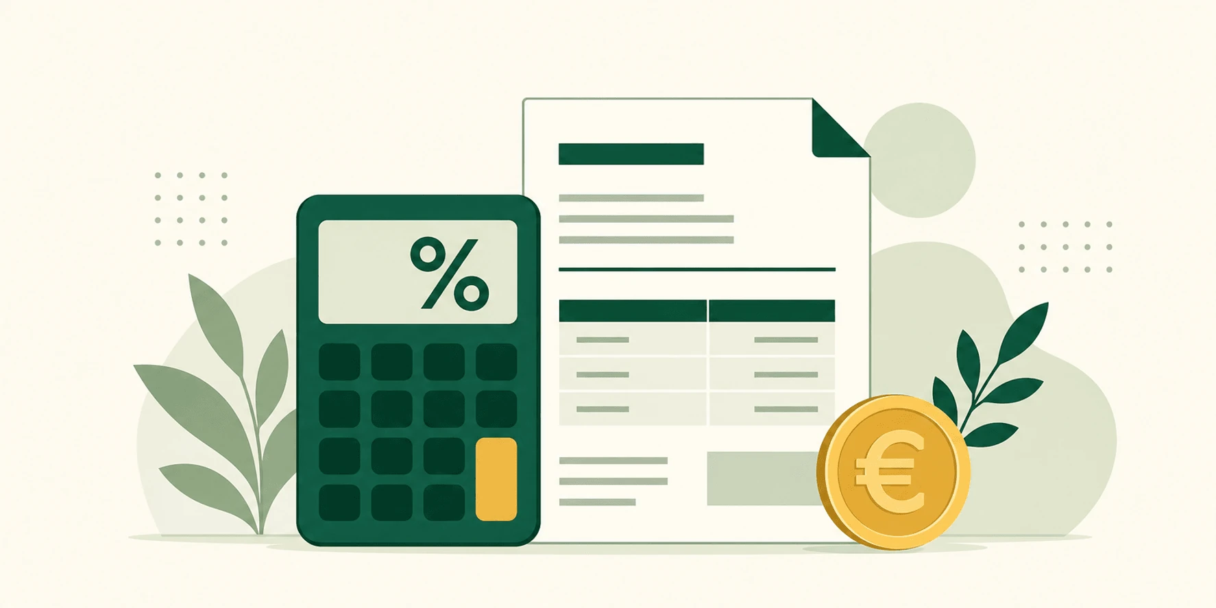 Illustrazione del calcolo dell’IVA nel preventivo: una calcolatrice con il simbolo di percentuale accanto a una fattura e a una moneta euro.