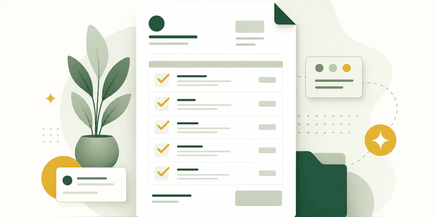 Illustrazione di come fare un preventivo professionale: un documento di preventivo curato con una checklist di elementi spuntati.