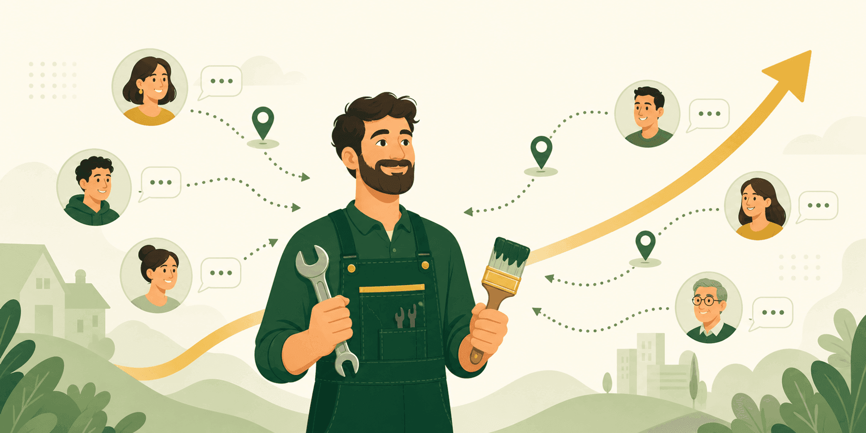 Illustrazione di un artigiano con partita IVA circondato dai nove canali per trovare nuovi clienti: vetrina online, ricerca su Google, recensioni, social, WhatsApp, directory di preventivi e clienti che ritornano.