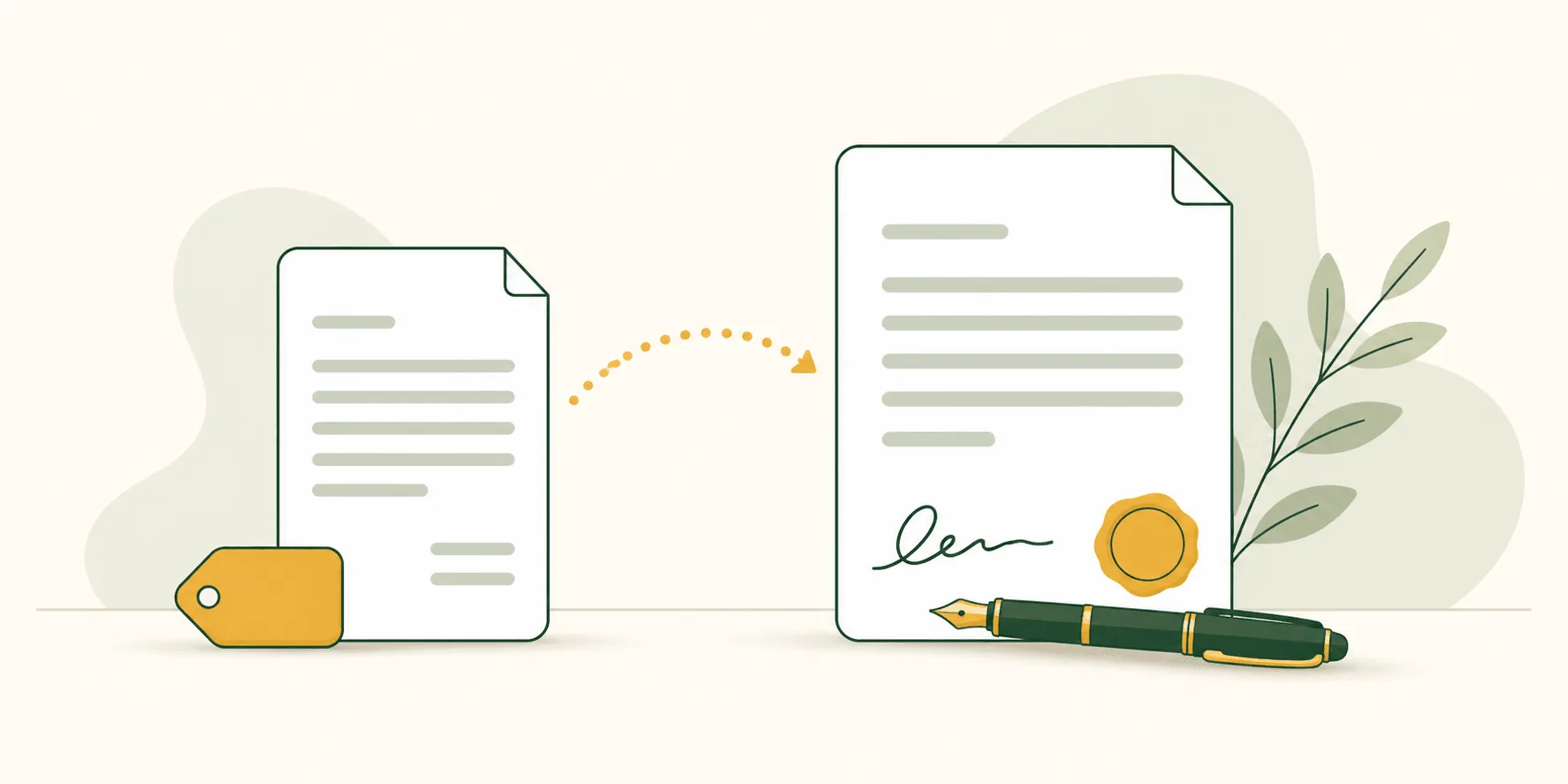 Illustrazione editoriale flat verde e oro: un preventivo accettato che diventa un contratto, collegati da una freccia, con clausole, penale e firma in evidenza.
