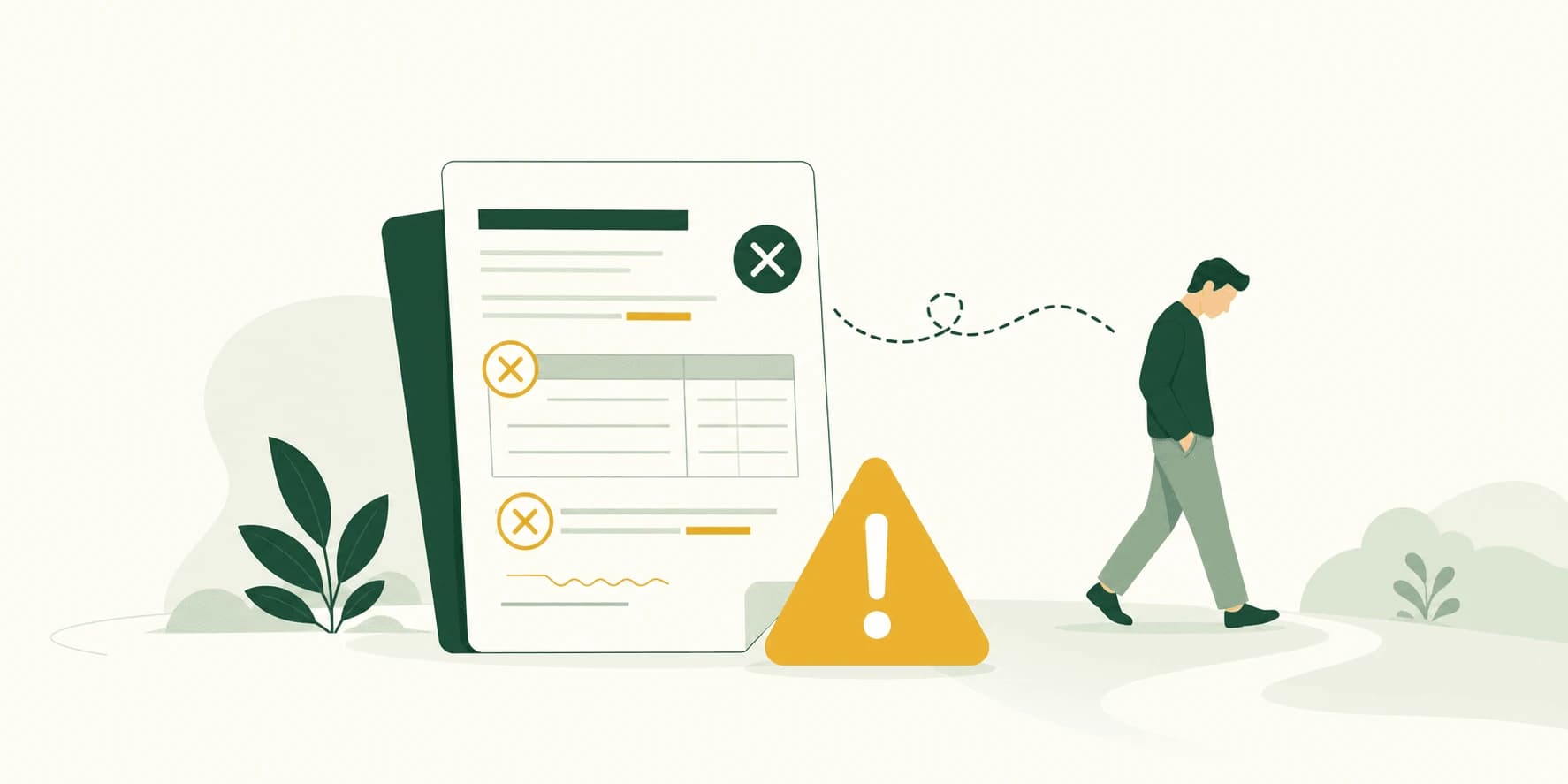 Illustrazione degli errori nel preventivo che fanno perdere clienti: un documento con un segnale di avvertimento e un cliente che si allontana.