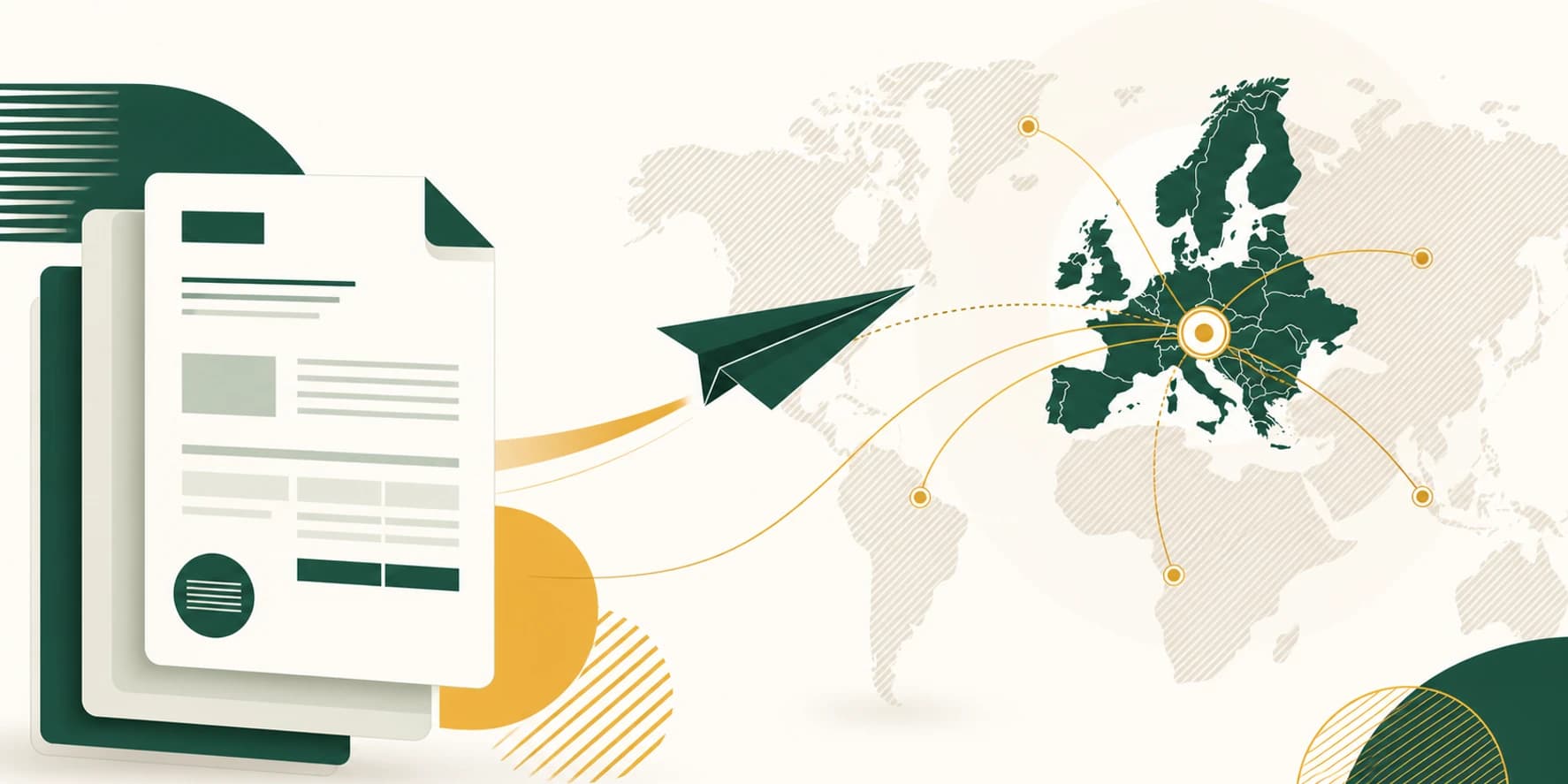 Illustrazione flat-editorial verde e oro: una fattura elettronica italiana diretta verso una mappa di Europa e mondo, con etichetta del codice destinatario XXXXXXX e il logo del Sistema di Interscambio, a rappresentare la fatturazione verso clienti esteri UE ed extra-UE.
