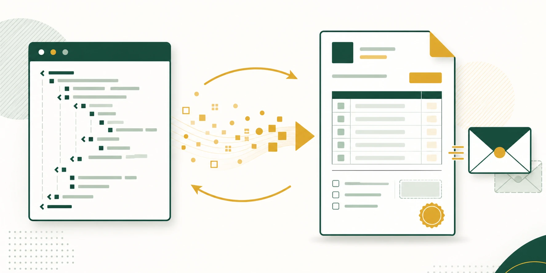 Illustrazione flat-editorial verde e oro: una fattura elettronica XML che si trasforma in una copia di cortesia PDF leggibile pronta da inviare via email al cliente.