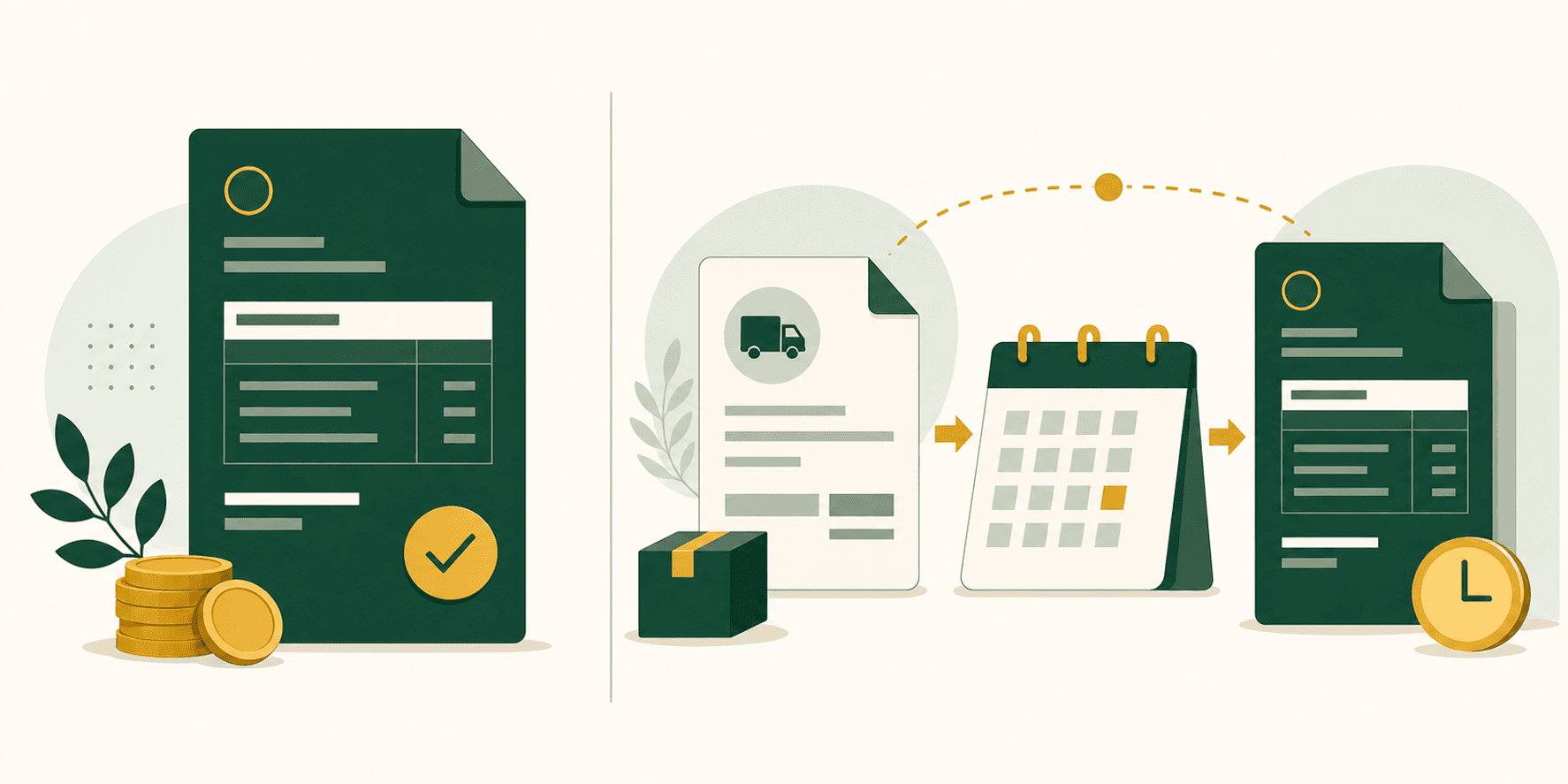 Illustrazione editoriale flat verde e oro che contrappone una fattura immediata a una differita con documento di trasporto, calendario dei termini e flusso IVA.