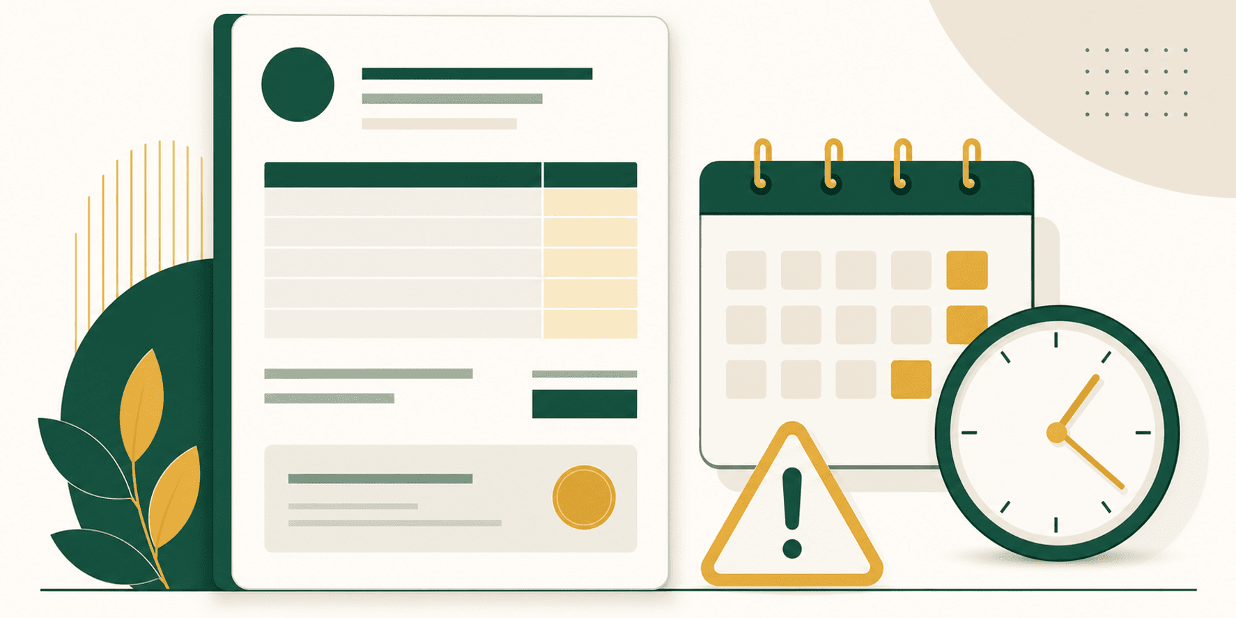 Illustrazione flat-editorial verde e oro: documento fattura elettronica con calendario e orologio che segnala scadenza superata, simbolo SDI e avviso sanzione, stile FaiPreventivo.