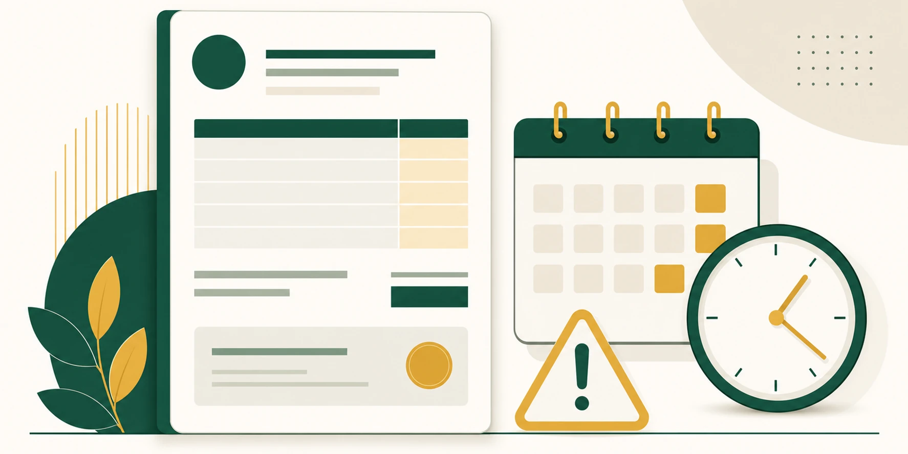 Illustrazione flat-editorial verde e oro: documento fattura elettronica con calendario e orologio che segnala scadenza superata, simbolo SDI e avviso sanzione, stile FaiPreventivo.