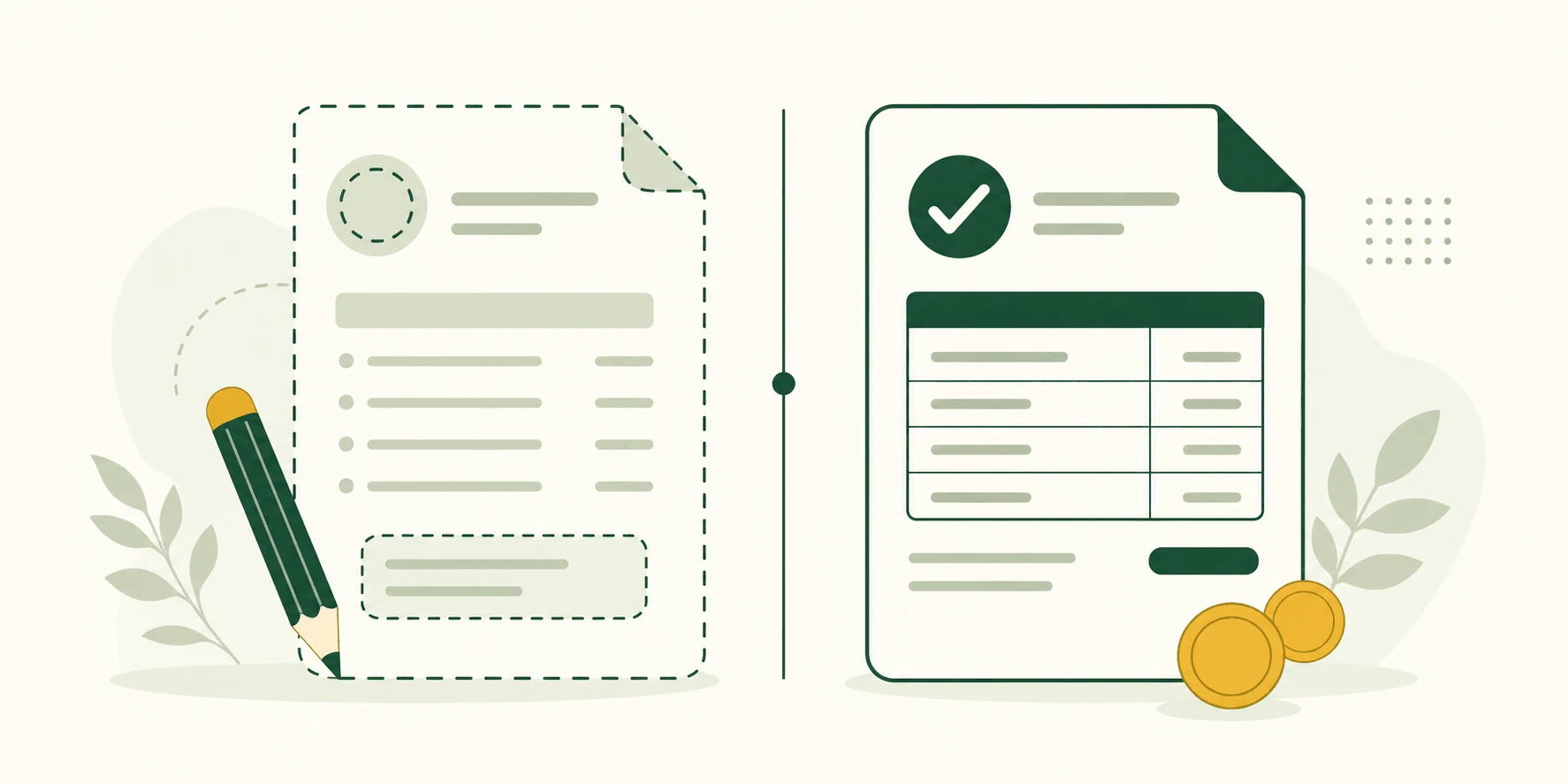 Illustrazione comparativa tra fattura e preventivo: due documenti affiancati e separati, uno di stima e uno di fattura definitiva con spunta.