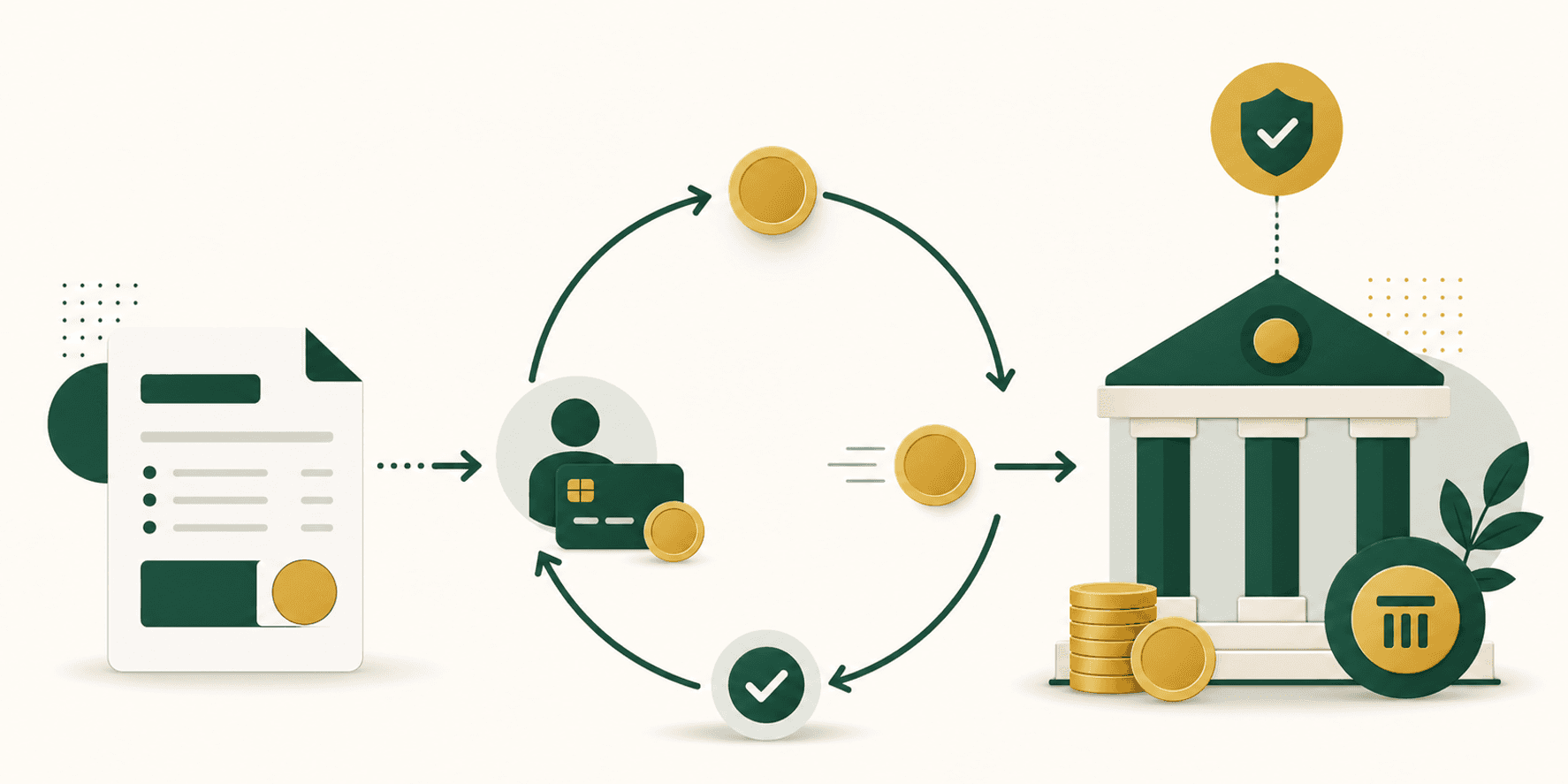 Illustrazione editoriale flat in verde e oro su tema IVA per cassa: fattura e flusso di cassa che mostra il versamento dell’imposta posticipato al momento dell’incasso, stile coerente col blog FaiPreventivo.