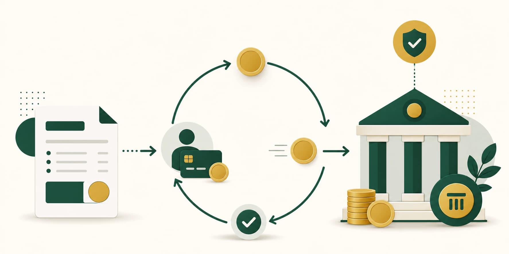 Illustrazione editoriale flat in verde e oro su tema IVA per cassa: fattura e flusso di cassa che mostra il versamento dell’imposta posticipato al momento dell’incasso, stile coerente col blog FaiPreventivo.