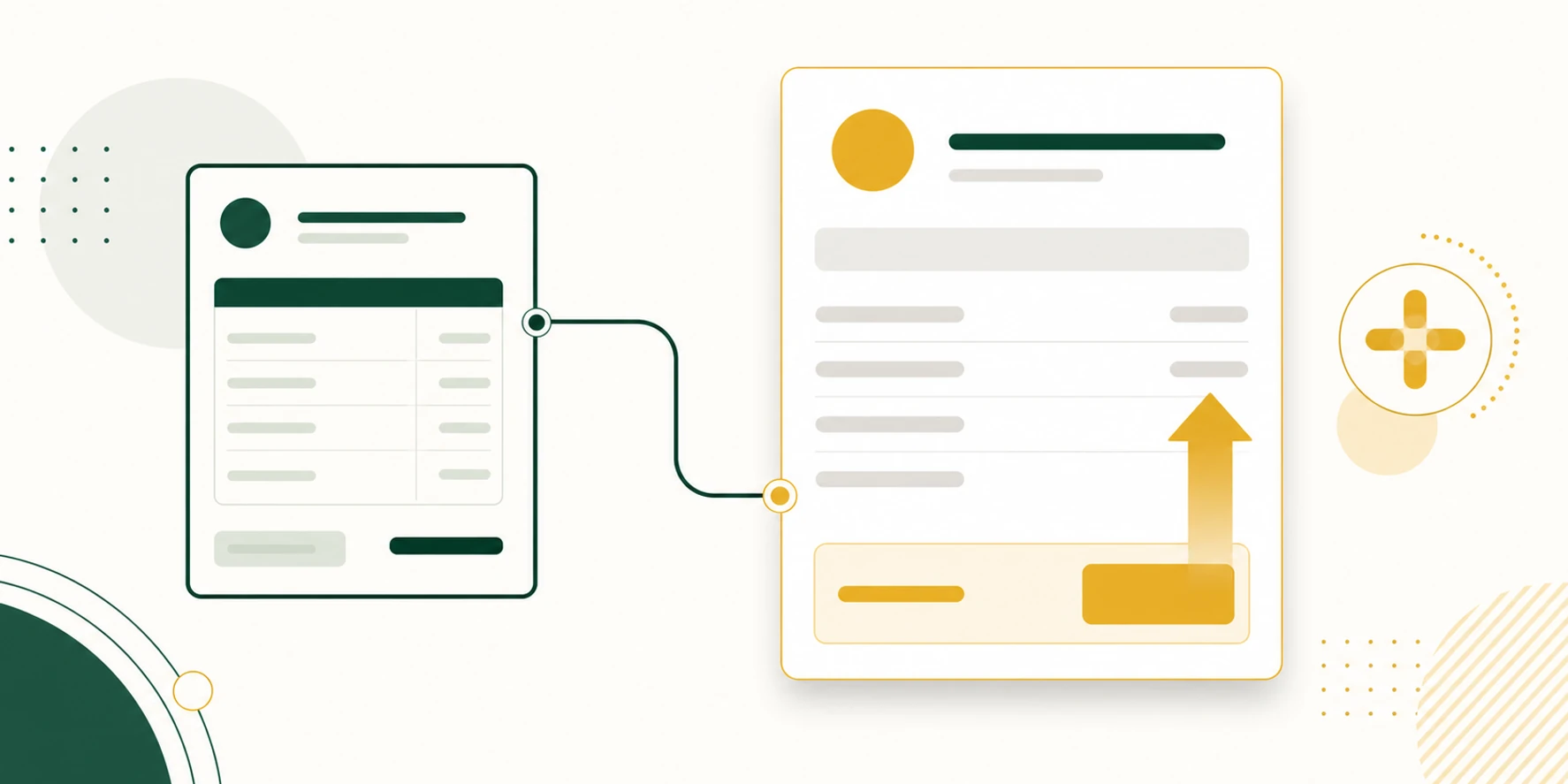 Illustrazione editoriale flat verde e oro: documento fattura con freccia in aumento e codice TD05, collegamento alla fattura originaria — nota di debito fattura elettronica.