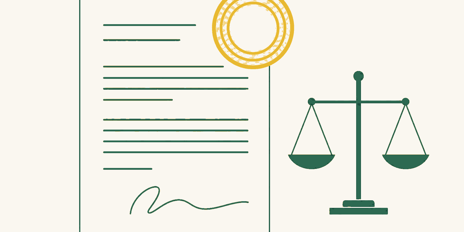 Illustrazione di un preventivo firmato con timbro di accettazione e bilancia della giustizia