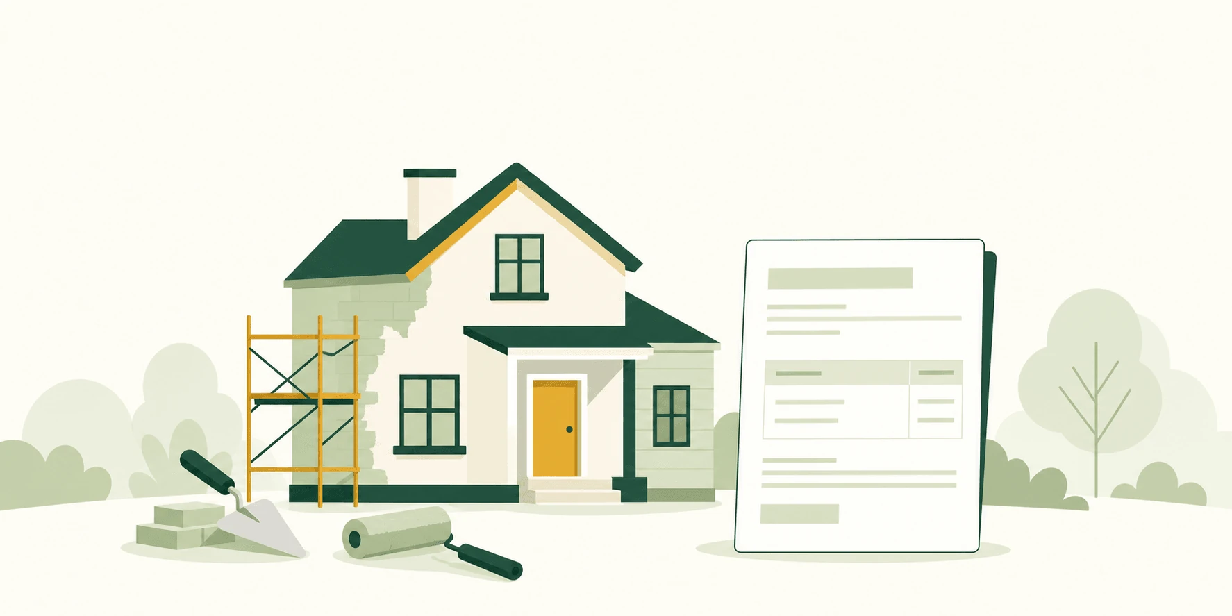 Illustrazione di un preventivo di ristrutturazione: una casa in ristrutturazione con attrezzi da lavoro e un documento di preventivo.