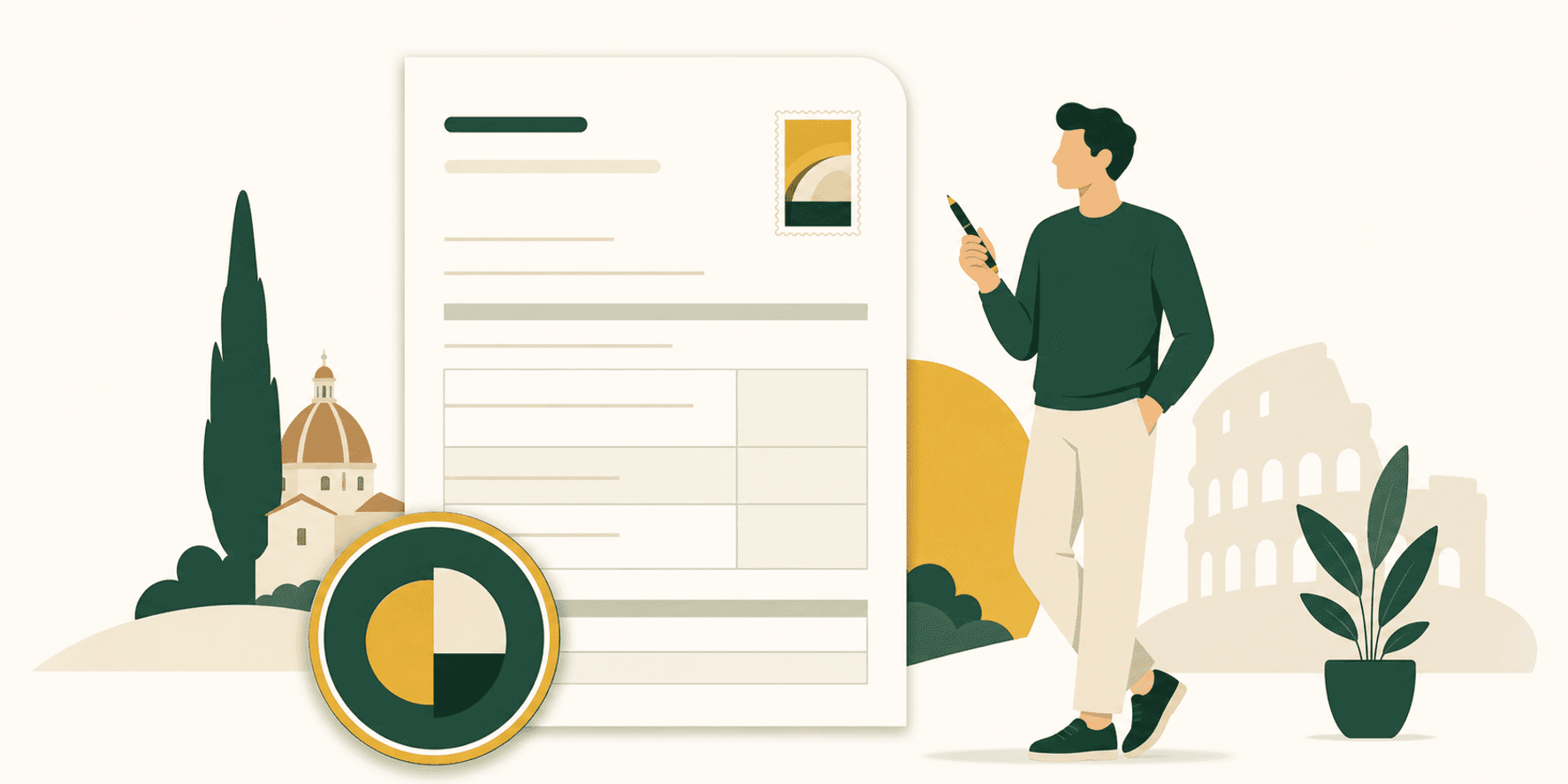Illustrazione flat-editorial verde e oro di una ricevuta per prestazione occasionale con voci compenso lordo, ritenuta d’acconto 20% e marca da bollo.