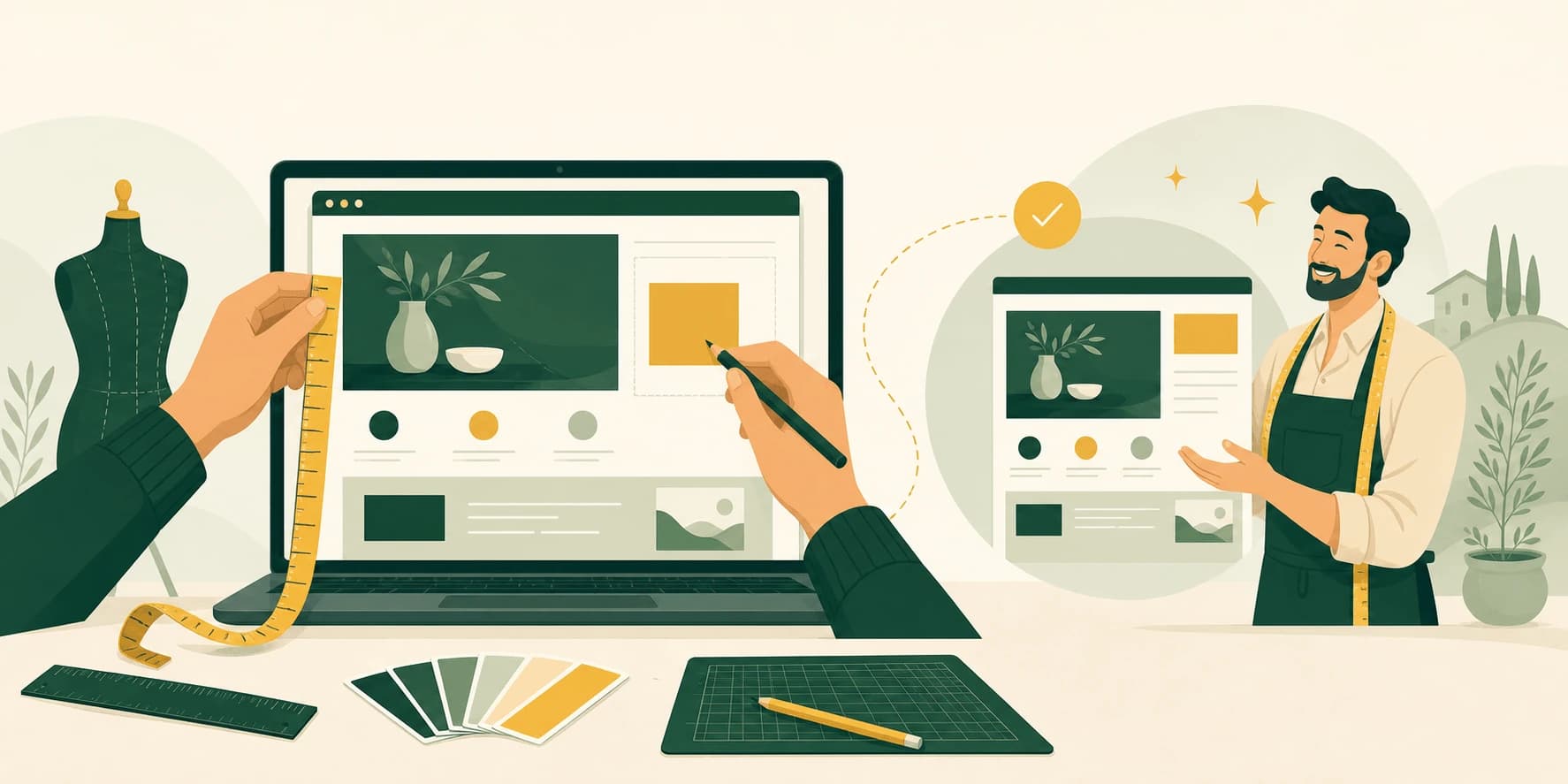Illustrazione di un sito web su misura realizzato per un professionista: una finestra del browser con un sito personalizzato curato apposta per lui, accanto a strumenti di design come metro, righello e campioni di colore, a rappresentare un sito web fatto su misura.