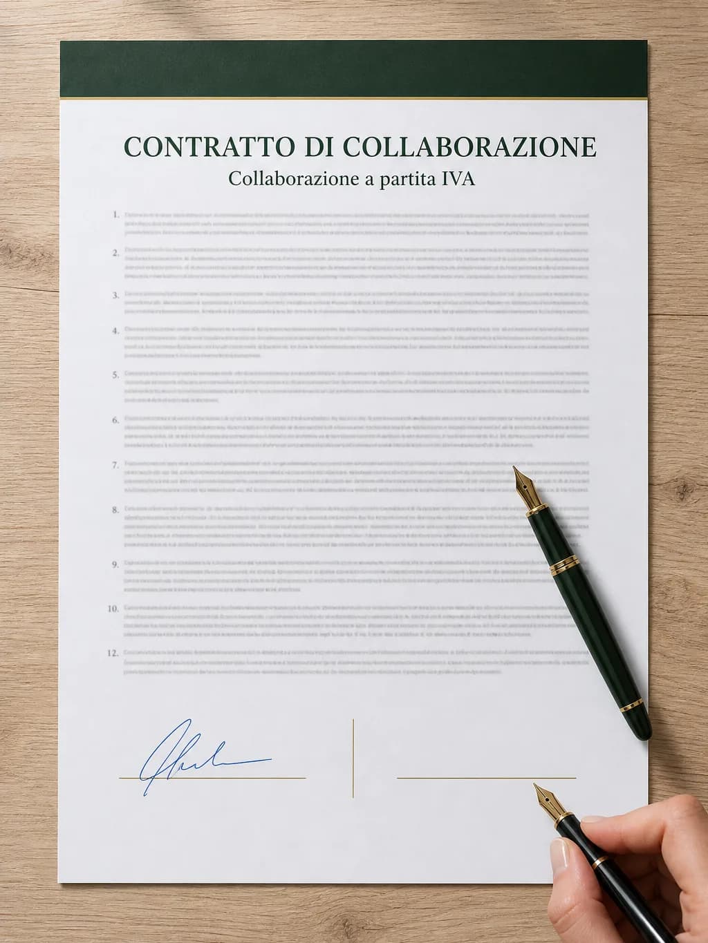 Foglio del modello di contratto di collaborazione a partita IVA, firmato in calce dal collaboratore