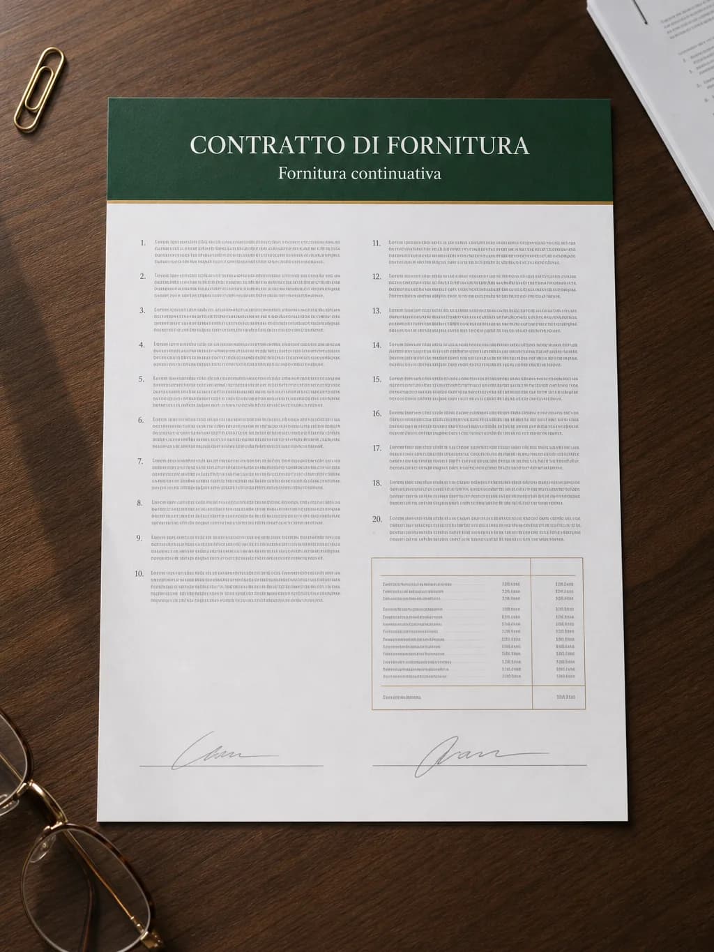 Foglio del modello di contratto di fornitura continuativa, con gli articoli numerati e il riquadro del listino