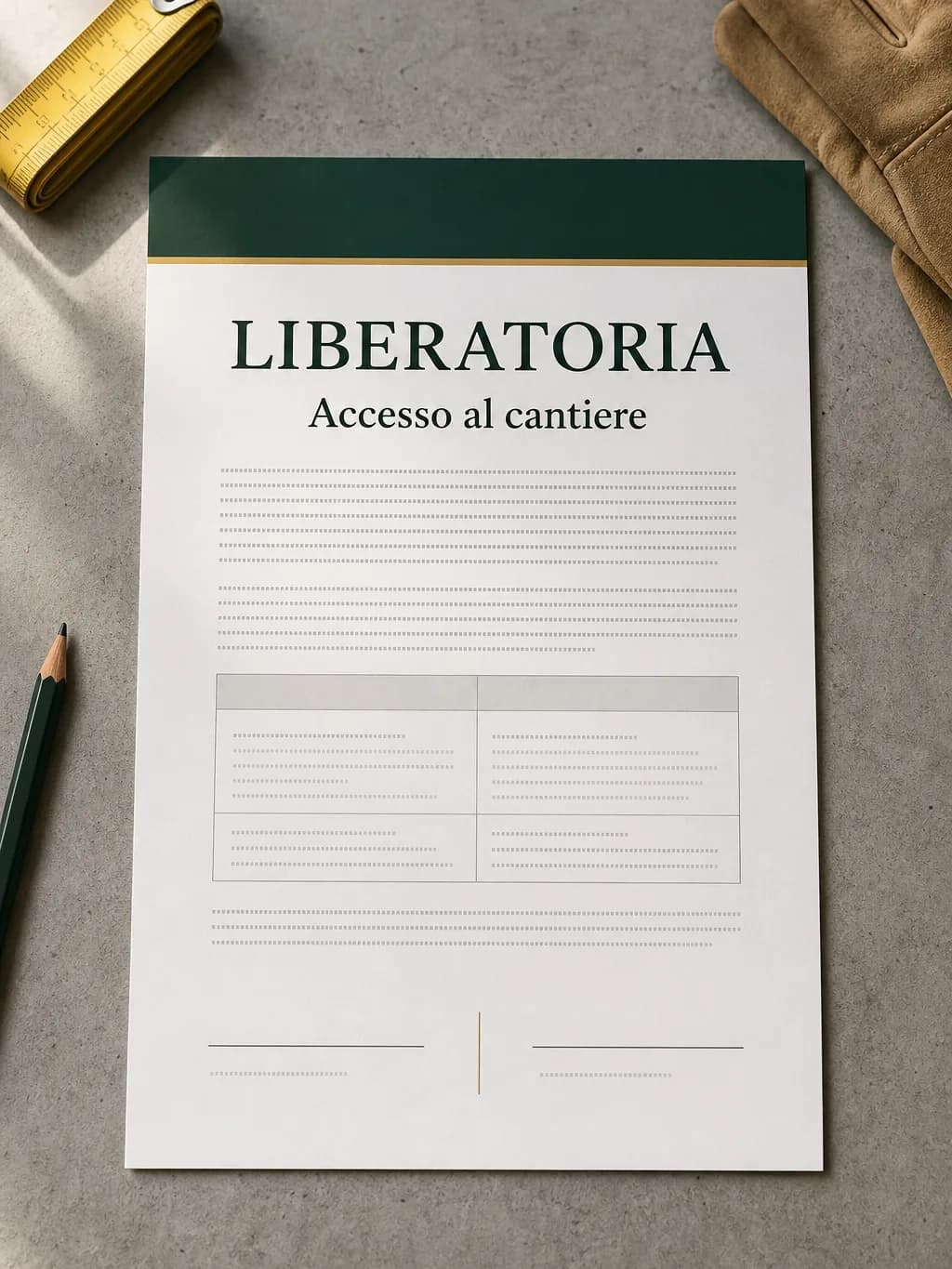 Foglio del modello di liberatoria per accesso al cantiere, con intestazione verde e righe per le firme