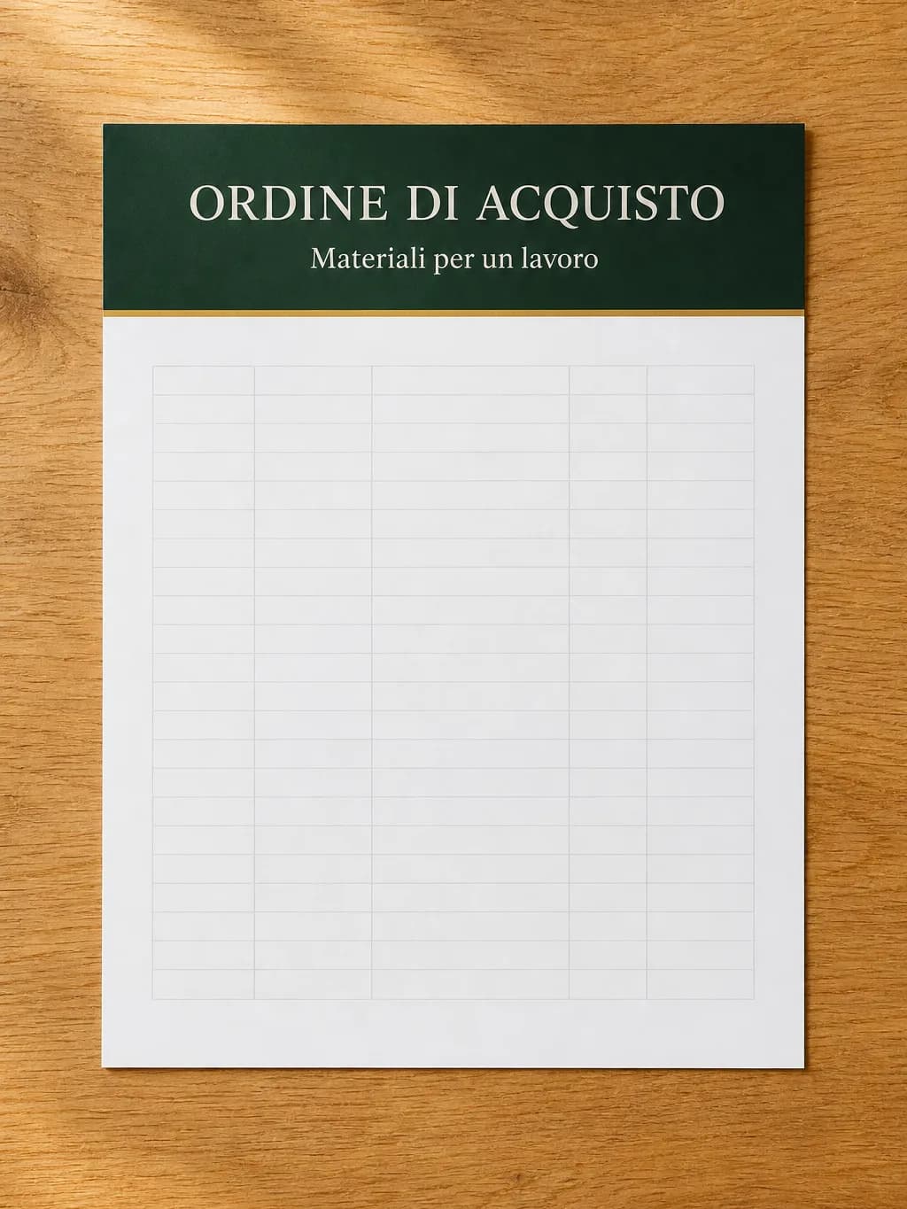Foglio del modello di ordine di acquisto per materiali, con la tabella delle righe d’ordine e i totali