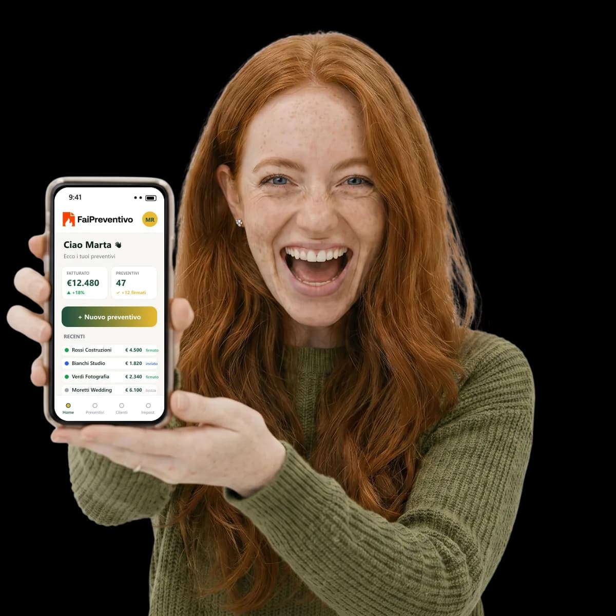 App preventivi online gratis su smartphone — dashboard FaiPreventivo