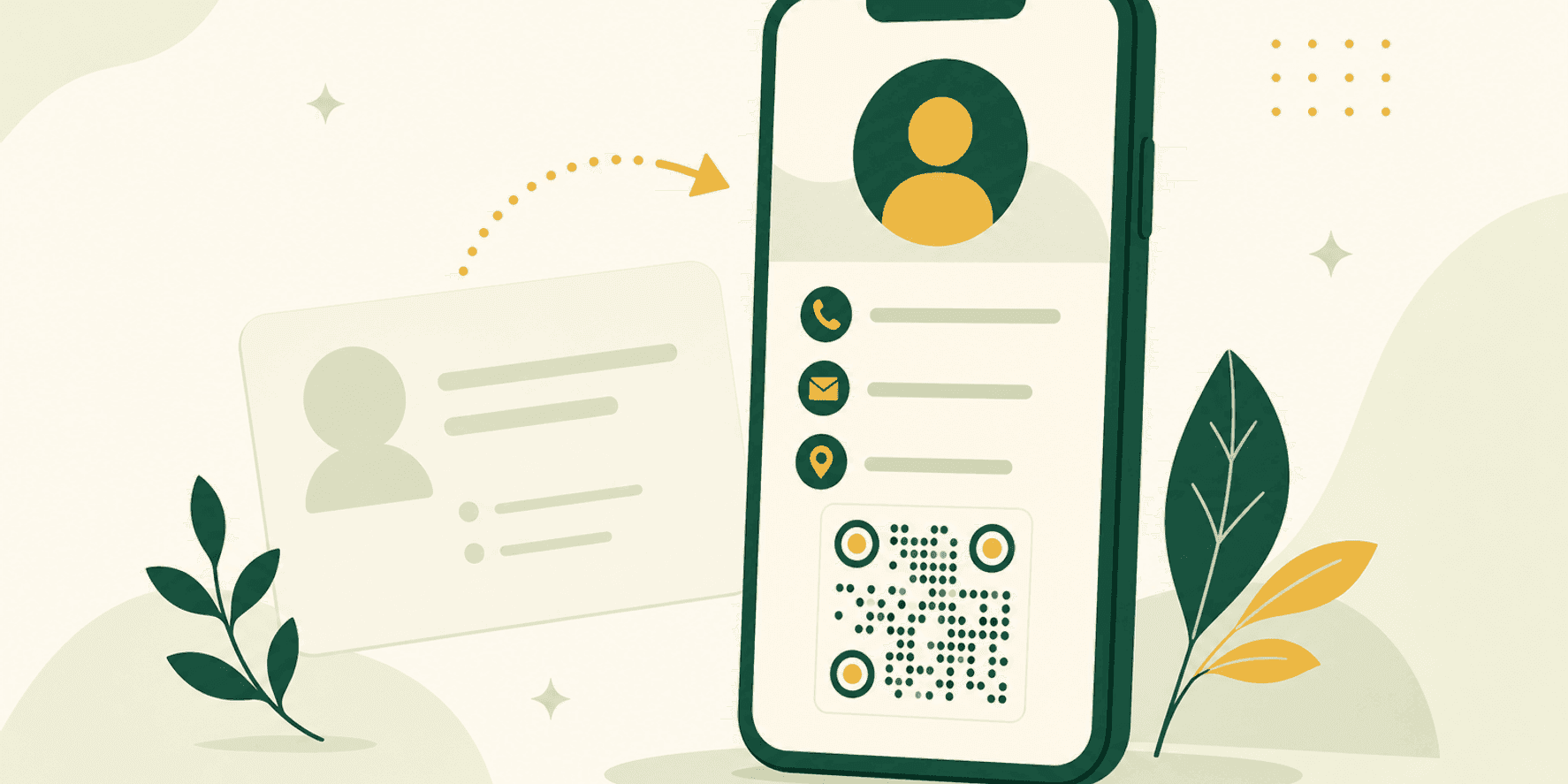 Illustrazione di un biglietto da visita digitale mostrato su uno smartphone, con logo, contatti, icone social e un QR code che rimanda alla pagina pubblica del professionista