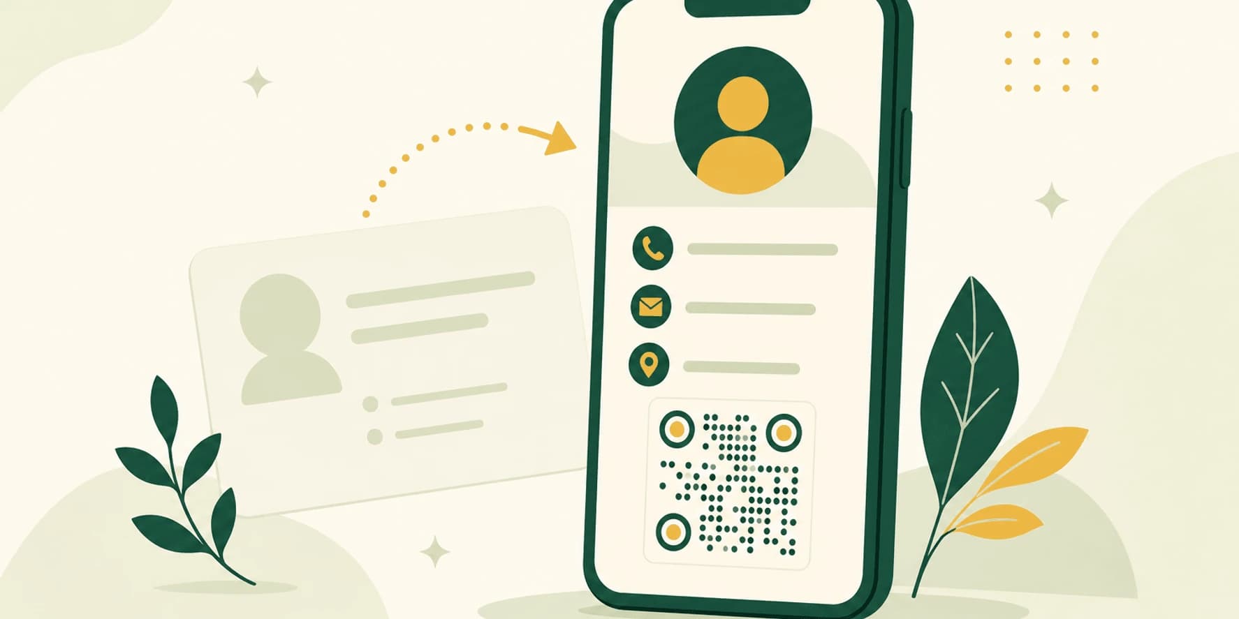 Illustrazione di un biglietto da visita digitale mostrato su uno smartphone, con logo, contatti, icone social e un QR code che rimanda alla pagina pubblica del professionista
