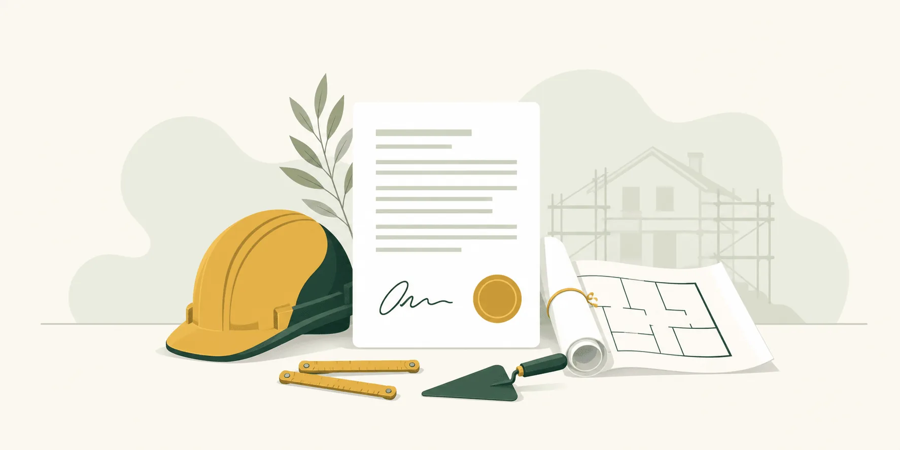 Illustrazione editoriale flat verde e oro: impresa edile e committente firmano un contratto di appalto accanto a un cantiere, con capitolato allegato e stati di avanzamento.