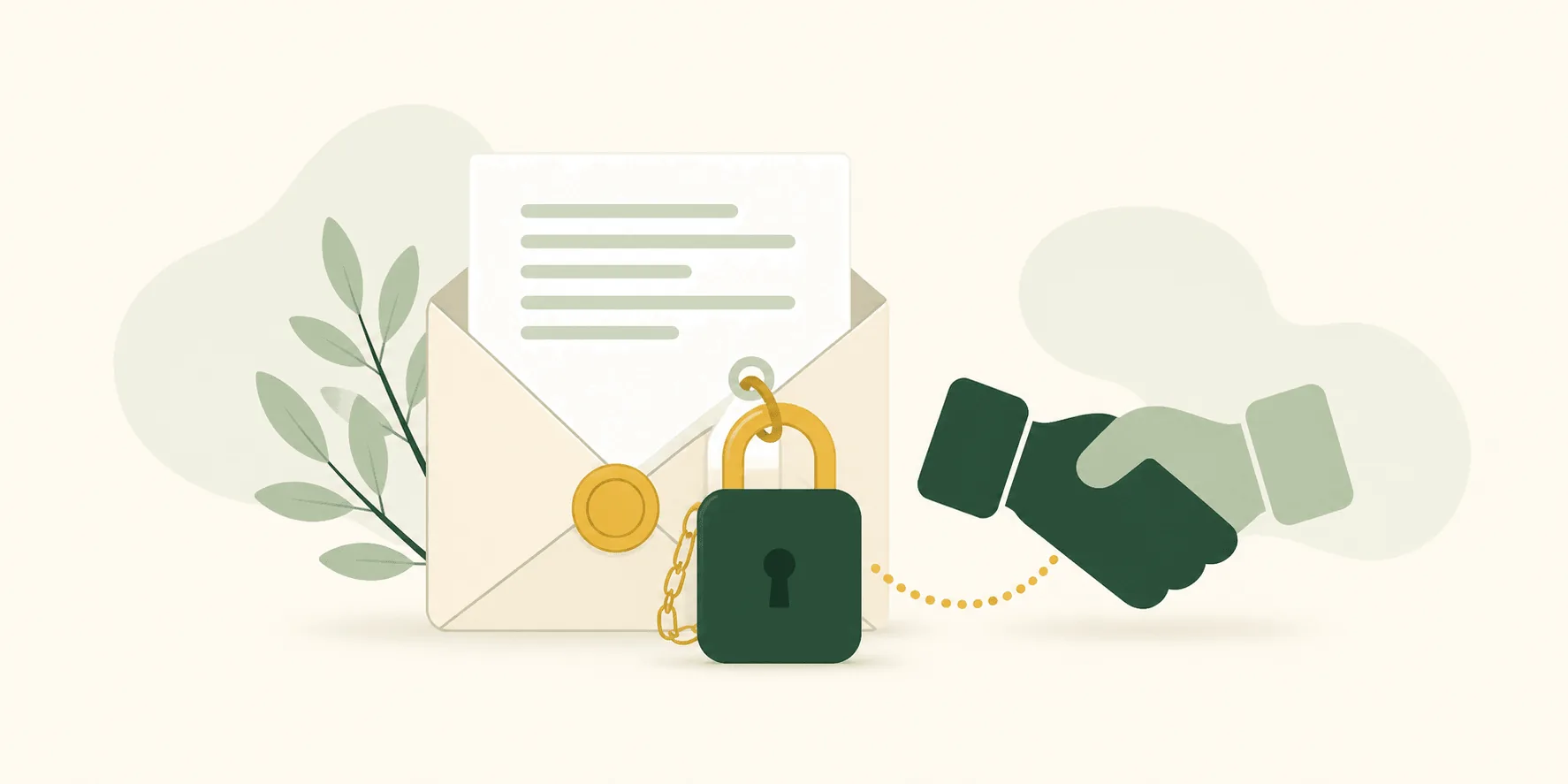 Illustrazione editoriale flat verde e oro: un accordo di riservatezza con lucchetto e due firme, accanto a cartelle di progetto protette e a un documento marcato come riservato.
